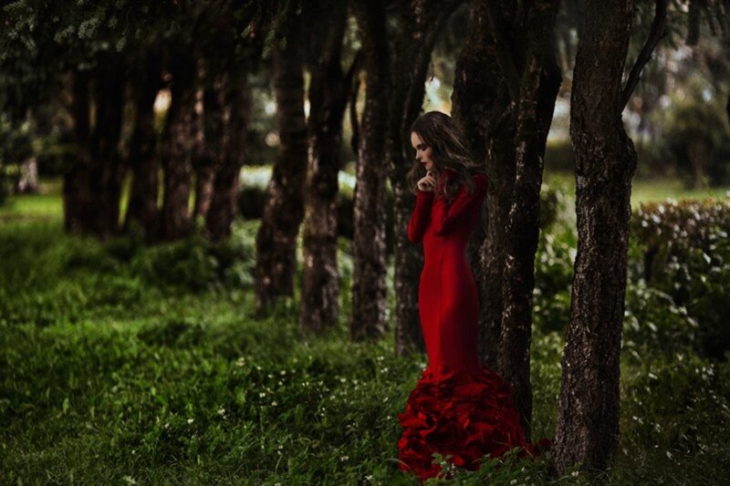 Woman in Red Dress — Dramatic, Afternoon, Photograph, Trees, Grass