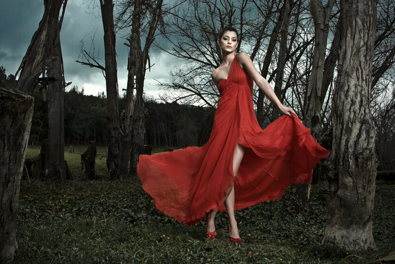 Woman in Red Dress — Dramatic, Afternoon, Photograph, Trees