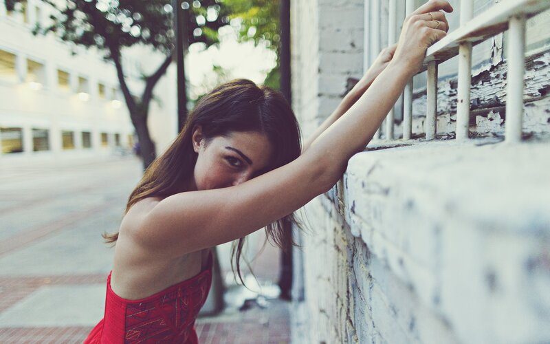 Woman in Red Dress — Dramatic, Afternoon, Photograph, Wall, Railing