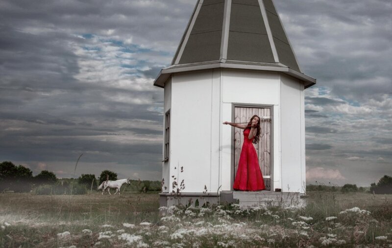 Woman in Red Dress — Dramatic, Afternoon, Photograph, White Horse