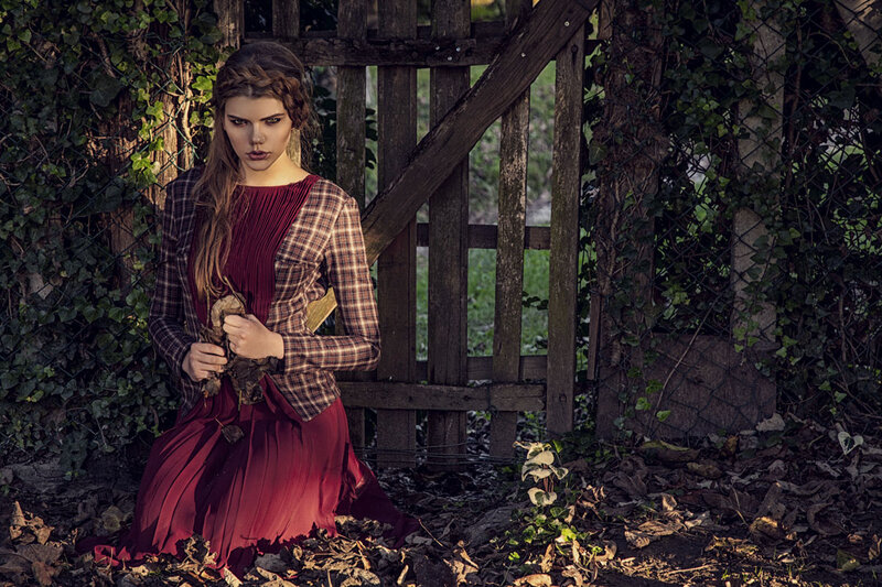 Woman in Red Dress — Dramatic, Afternoon, Photograph, Wooden Gate