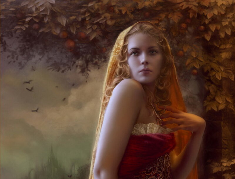 Woman in Red Dress — Dramatic, Autumn, Digital Art, Apple Tree