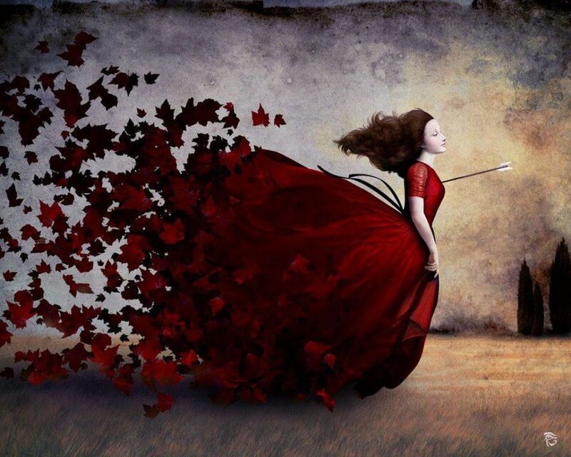 Woman in Red Dress — Dramatic, Autumn, Digital Art, Arrow