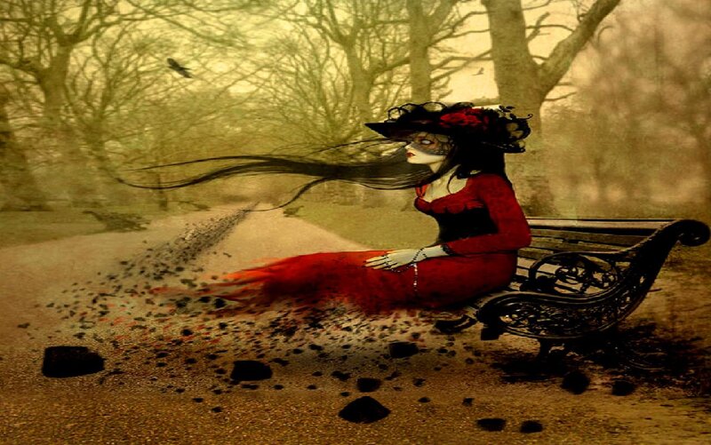 Woman in Red Dress — Dramatic, Autumn, Digital Art, Bench