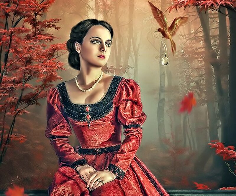 Woman in Red Dress — Dramatic, Autumn, Digital Art, Bird, Forest