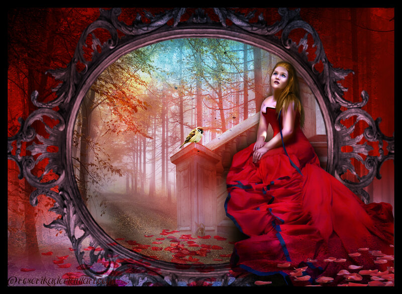 Woman in Red Dress — Dramatic, Autumn, Digital Art, Bird