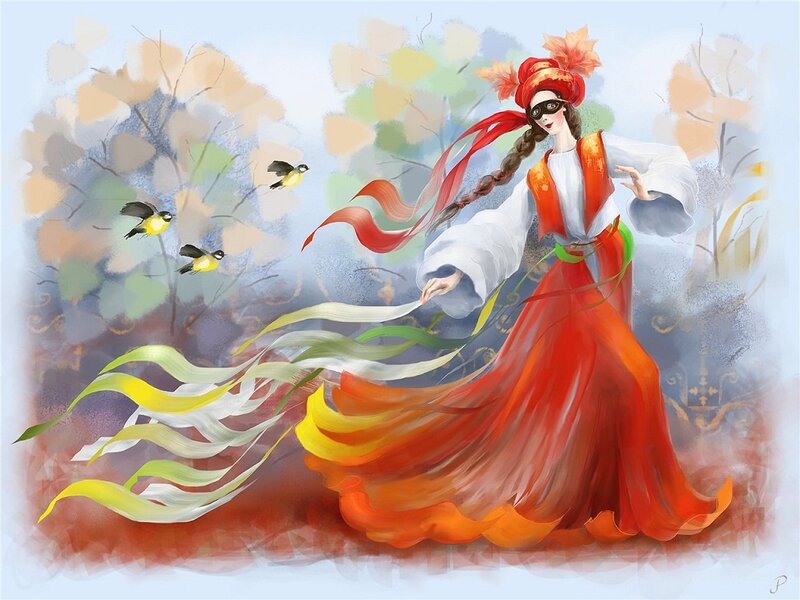 Woman in Red Dress — Dramatic, Autumn, Digital Art, Birds