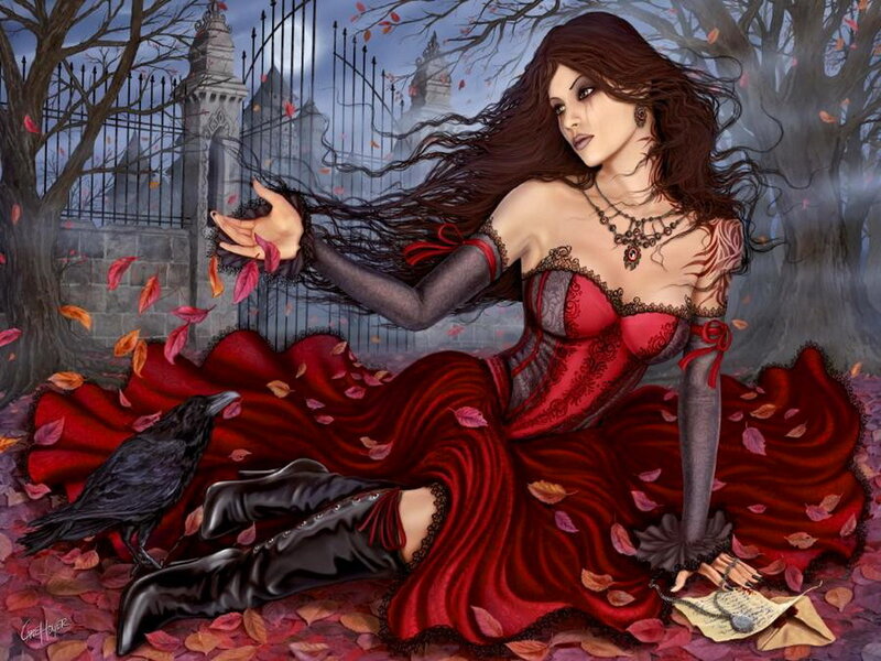 Woman in Red Dress — Dramatic, Autumn, Digital Art, Crow