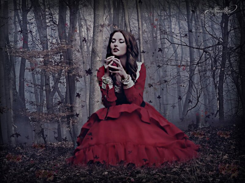 Woman in Red Dress — Dramatic, Autumn, Digital Art, Forest, Apple
