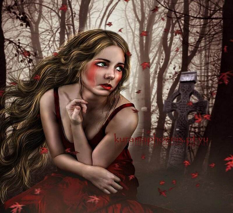 Woman in Red Dress — Dramatic, Autumn, Digital Art, Forest, Gravestone