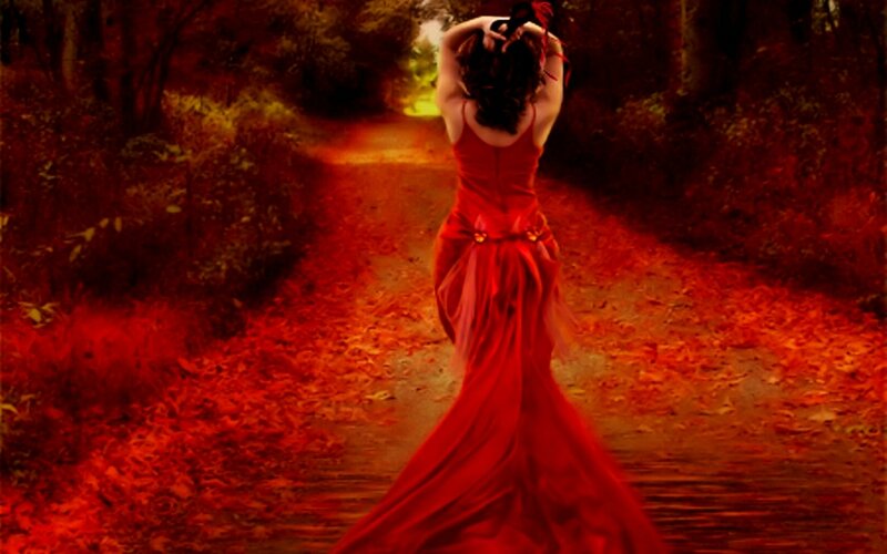Woman in Red Dress — Dramatic, Autumn, Digital Art, Forest Path, Leaves