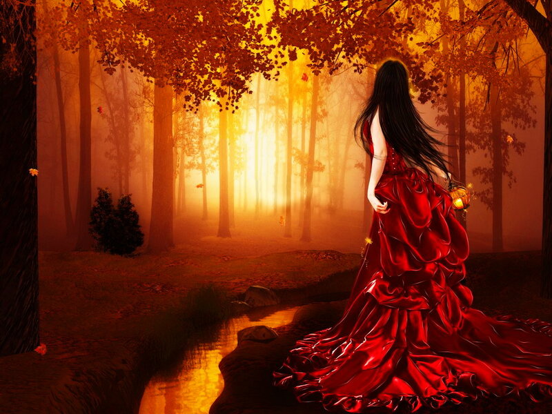 Woman in Red Dress — Dramatic, Autumn, Digital Art, Forest, Stream