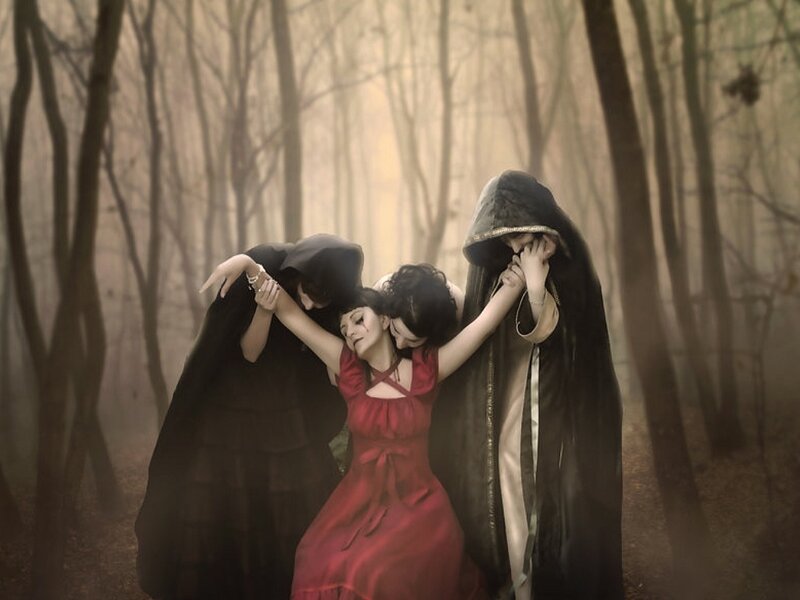 Woman in Red Dress — Dramatic, Autumn, Digital Art, Forest