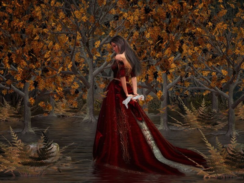 Woman in Red Dress — Dramatic, Autumn, Digital Art, Forest, Trees