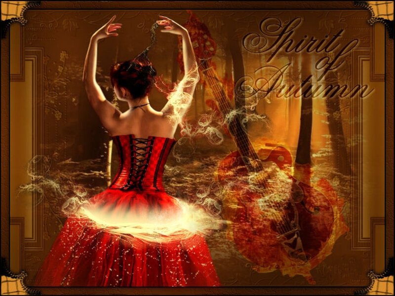 Woman in Red Dress — Dramatic, Autumn, Digital Art, Guitar
