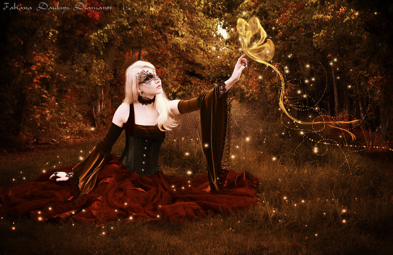 Woman in Red Dress — Dramatic, Autumn, Digital Art, Mask