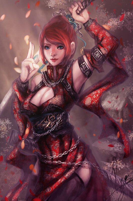 Woman in Red Dress — Dramatic, Autumn, Digital Art, Sword