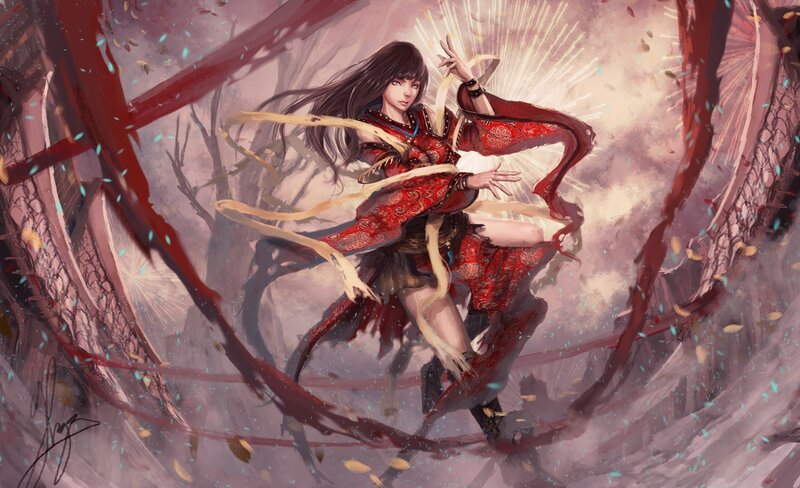 Woman in Red Dress — Dramatic, Autumn, Digital Art, Swords
