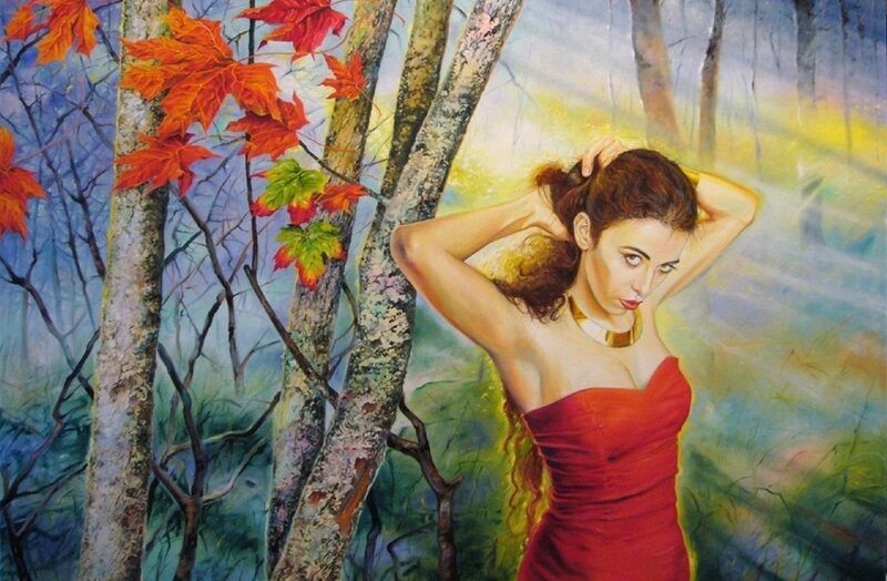Woman in Red Dress — Dramatic, Autumn, Painting, Trees