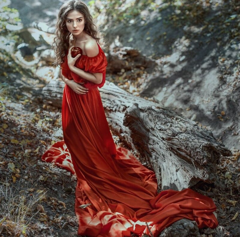 Woman in Red Dress — Dramatic, Autumn, Photograph, Apple