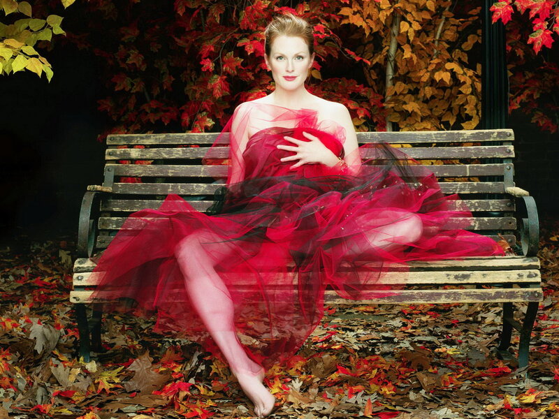 Woman in Red Dress — Dramatic, Autumn, Photograph, Bench