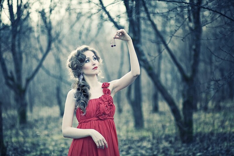 Woman in Red Dress — Dramatic, Autumn, Photograph, Cherry
