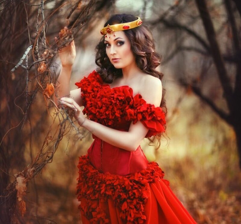 Woman in Red Dress — Dramatic, Autumn, Photograph, Crown, Forest