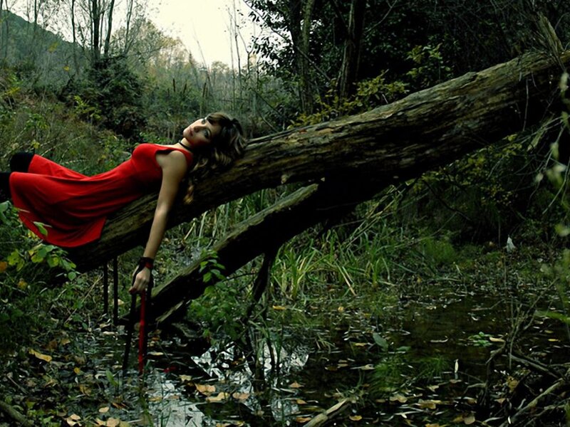 Woman in Red Dress — Dramatic, Autumn, Photograph, Fallen Tree