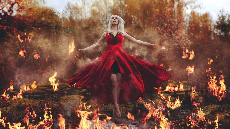Woman in Red Dress — Dramatic, Autumn, Photograph, Fire, Trees, Smoke