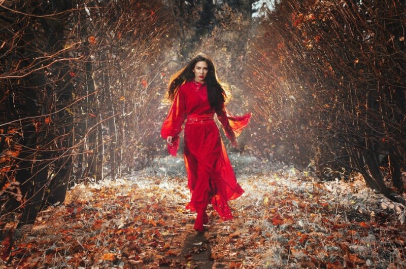 Woman in Red Dress — Dramatic, Autumn, Photograph, Forest, Leaves, Sunlight