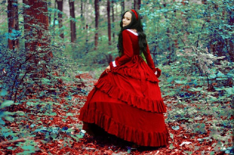 Woman in Red Dress — Dramatic, Autumn, Photograph, Forest