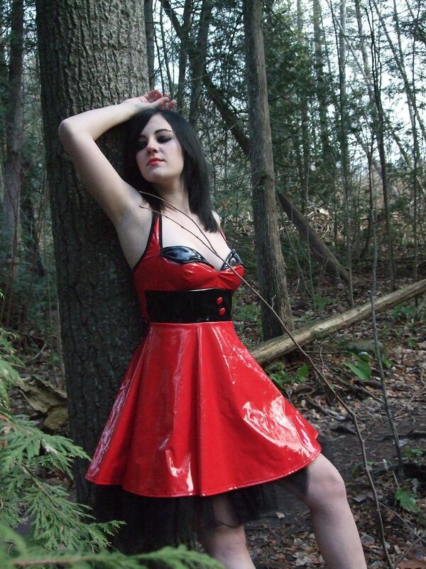Woman in Red Dress — Dramatic, Autumn, Photograph, Forest, Tree, Black
