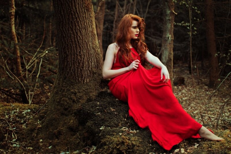 Woman in Red Dress — Dramatic, Autumn, Photograph, Forest, Tree, Moss