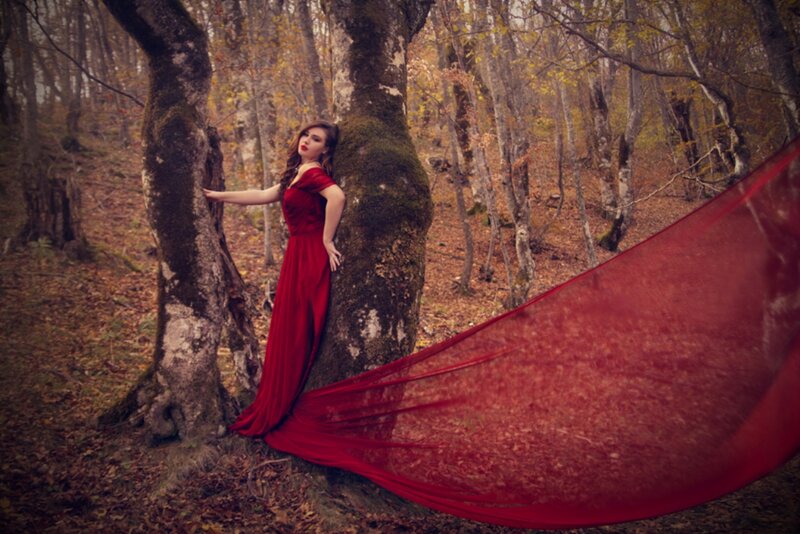 Woman in Red Dress — Dramatic, Autumn, Photograph, Forest, Tree