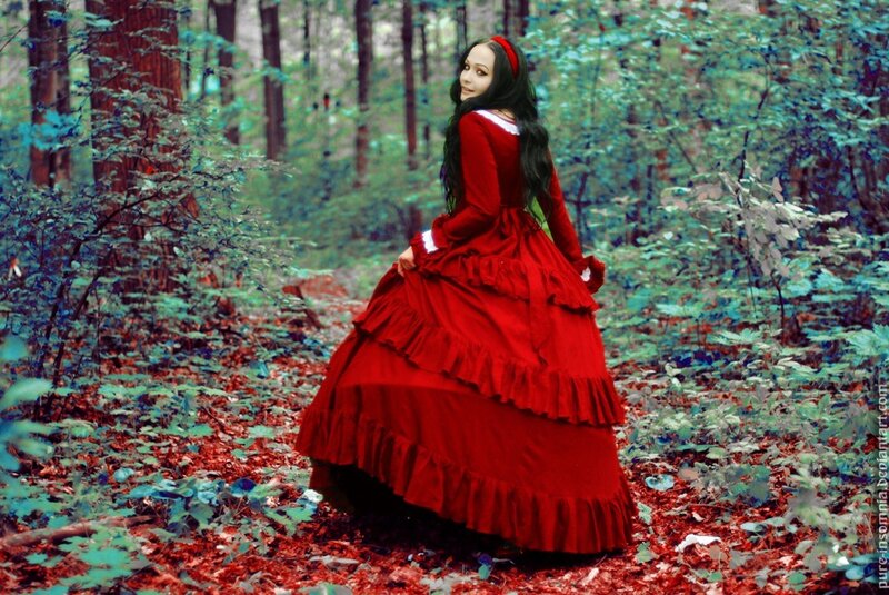 Woman in Red Dress — Dramatic, Autumn, Photograph, Forest, Trees, Green