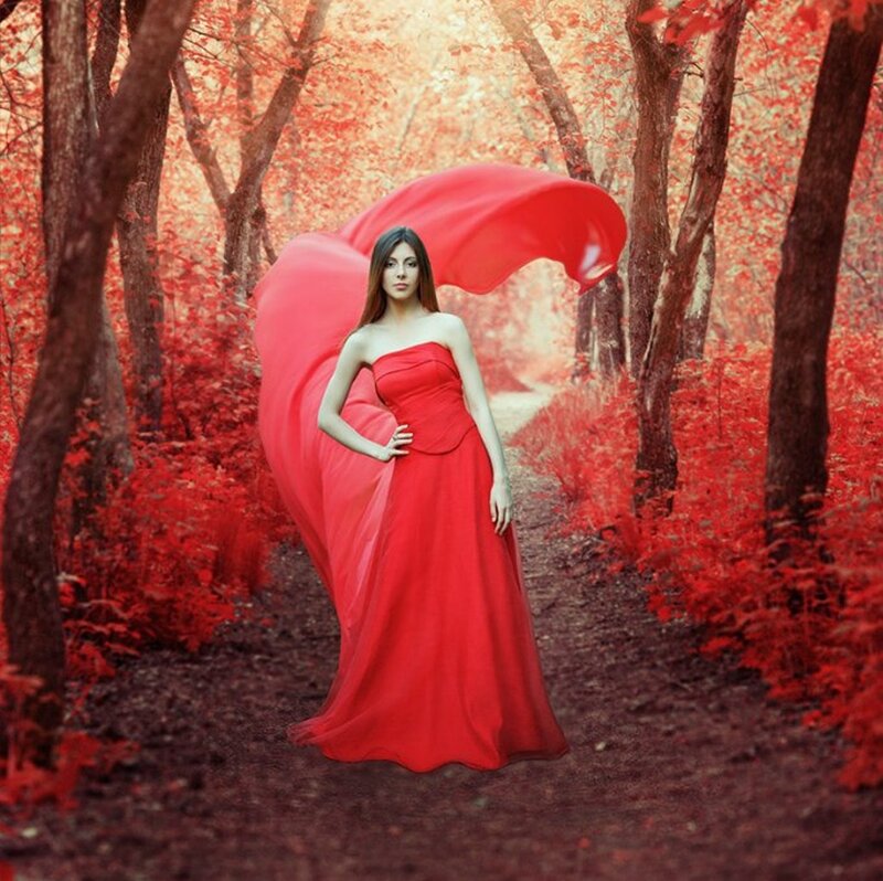 Woman in Red Dress — Dramatic, Autumn, Photograph, Forest, Trees