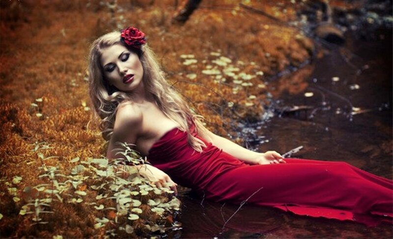 Woman in Red Dress — Dramatic, Autumn, Photograph, Red Rose