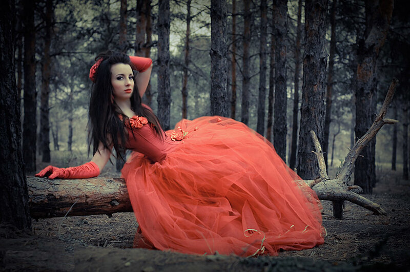 Woman in Red Dress — Dramatic, Autumn, Photograph