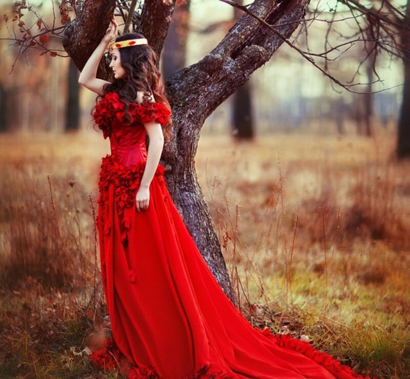 Woman in Red Dress — Dramatic, Autumn, Photograph, Tree, Crown, Forest