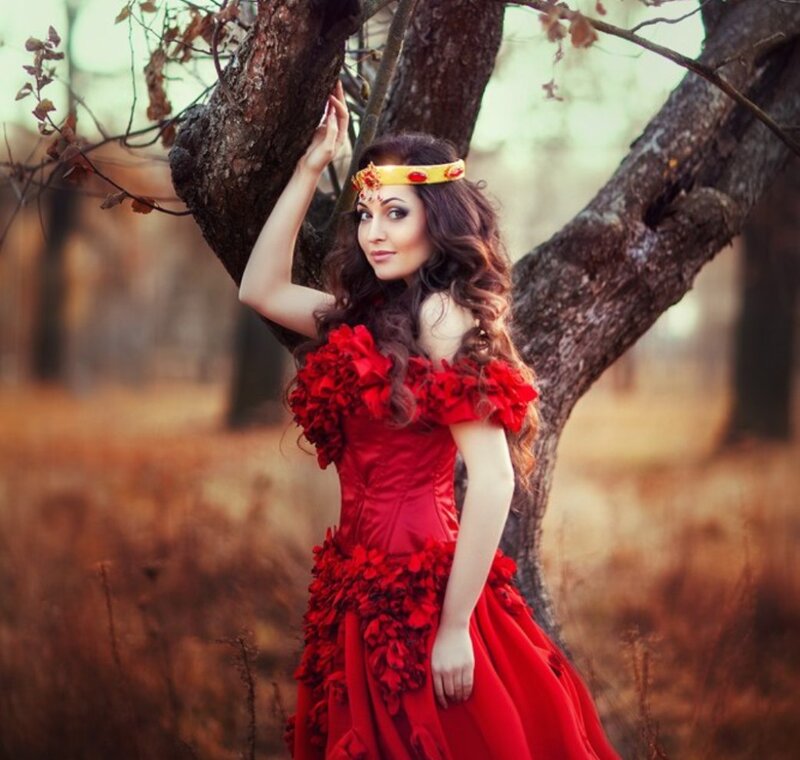 Woman in Red Dress — Dramatic, Autumn, Photograph, Tree, Crown