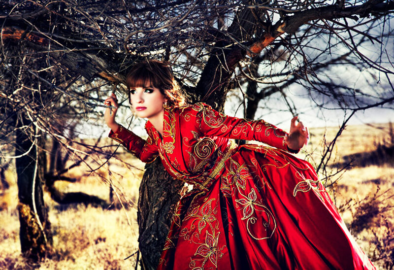 Woman in Red Dress — Dramatic, Autumn, Photograph, Tree, Field