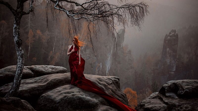Woman in Red Dress — Dramatic, Autumn, Photograph, Tree, Rocks