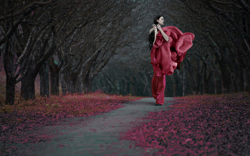 Woman in Red Dress — Dramatic, Autumn, Photograph, Trees, Path