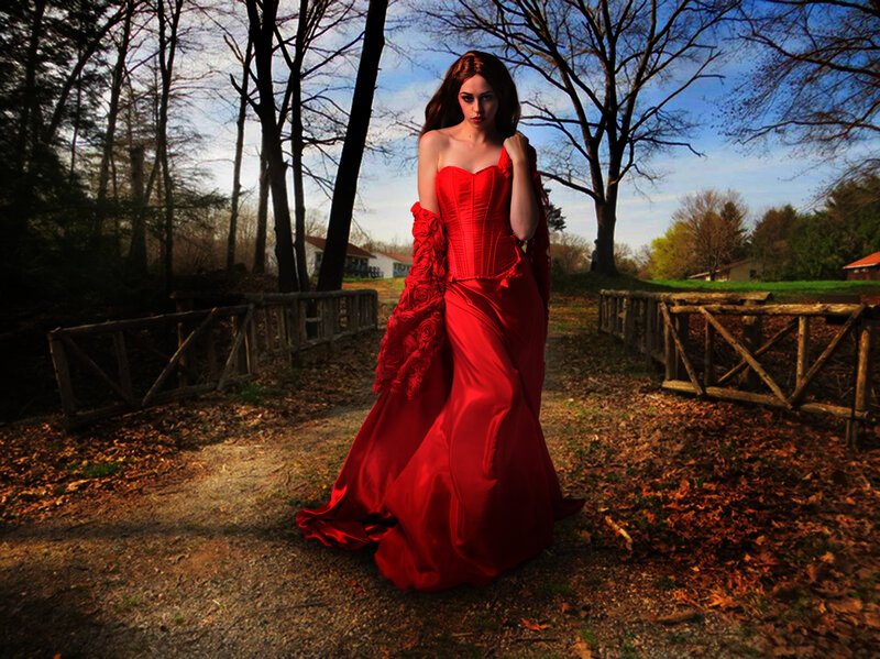 Woman in Red Dress — Dramatic, Autumn, Photograph, Trees
