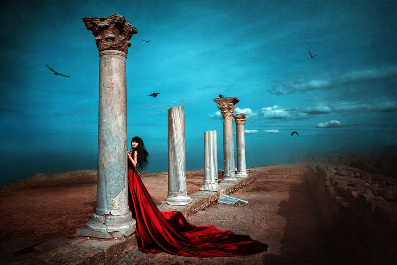 Woman in Red Dress — Dramatic, Digital Art, Ancient Columns