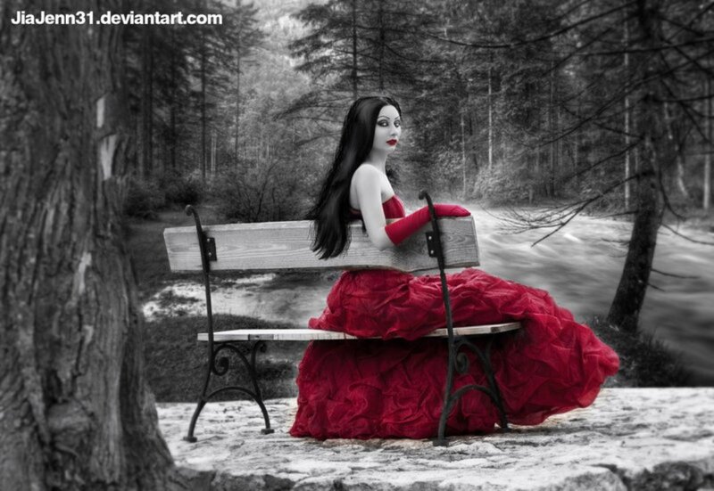 Woman in Red Dress — Dramatic, Digital Art, Bench
