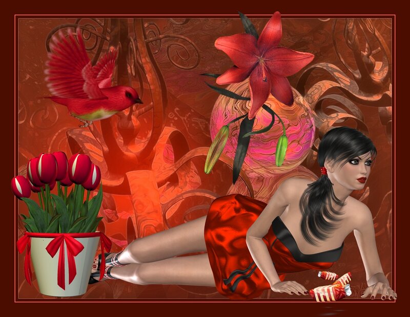 Woman in Red Dress — Dramatic, Digital Art, Bird, Flowers