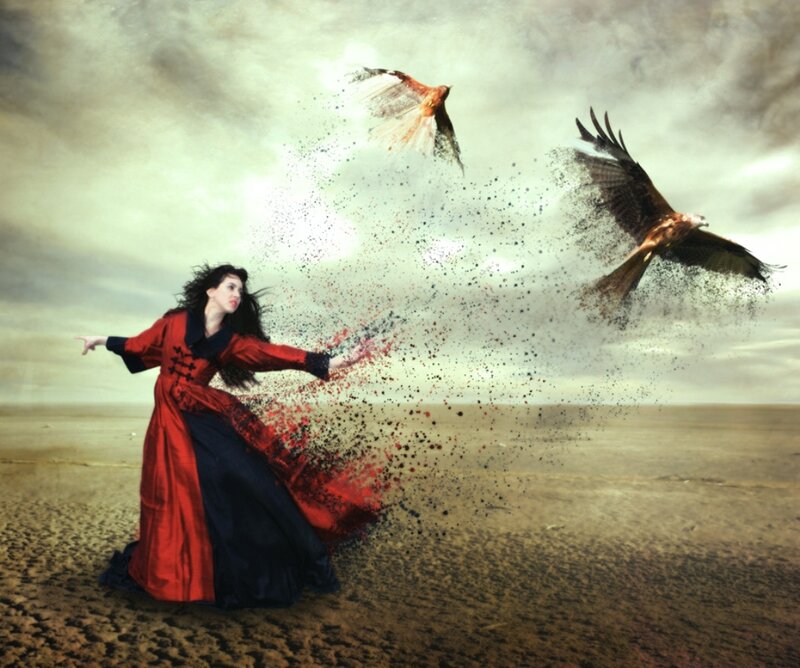 Woman in Red Dress — Dramatic, Digital Art, Birds, Desert