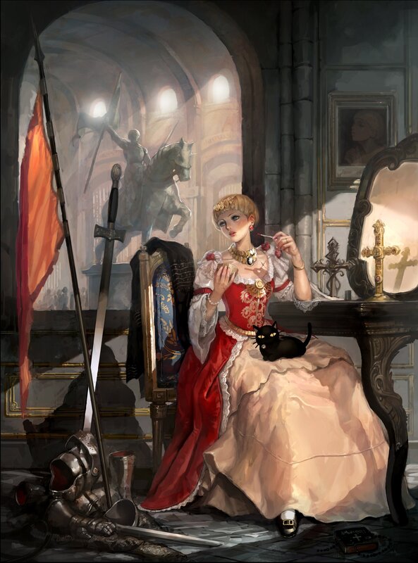 Woman in Red Dress — Dramatic, Digital Art, Black Cat, Sword, Armor