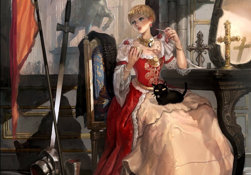 Woman in Red Dress — Dramatic, Digital Art, Black Cat, Sword, Mirror